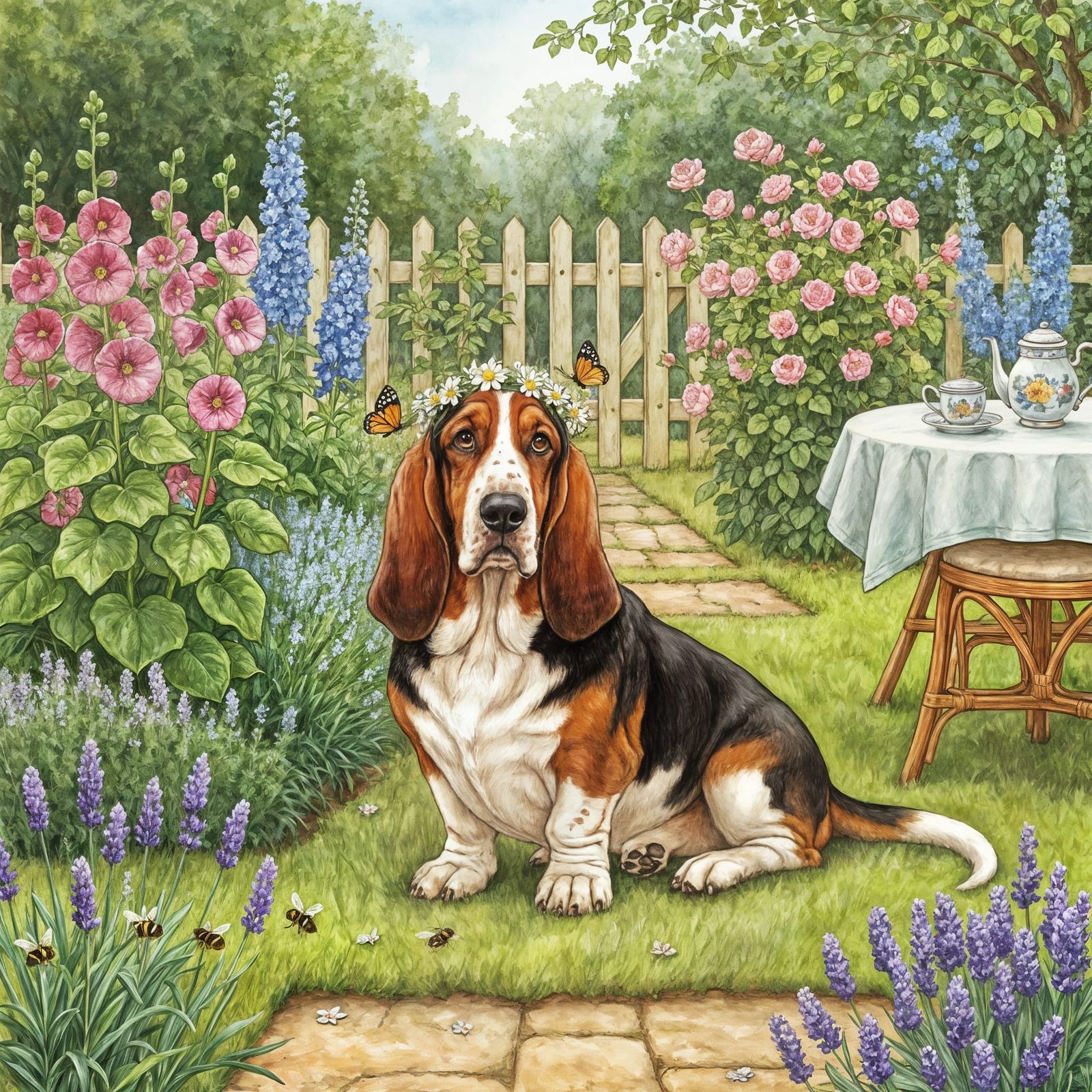 Regal Basset Hound in English Garden
