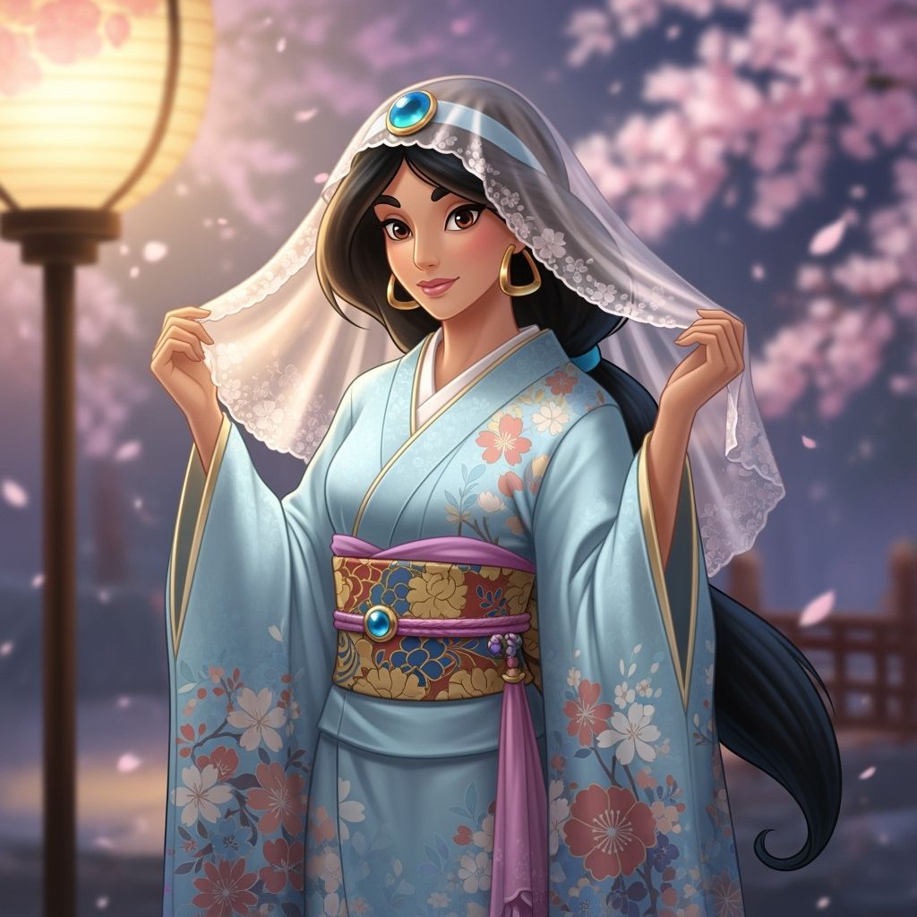 Princess Jasmine in Elegant Japanese Kimono with Veil