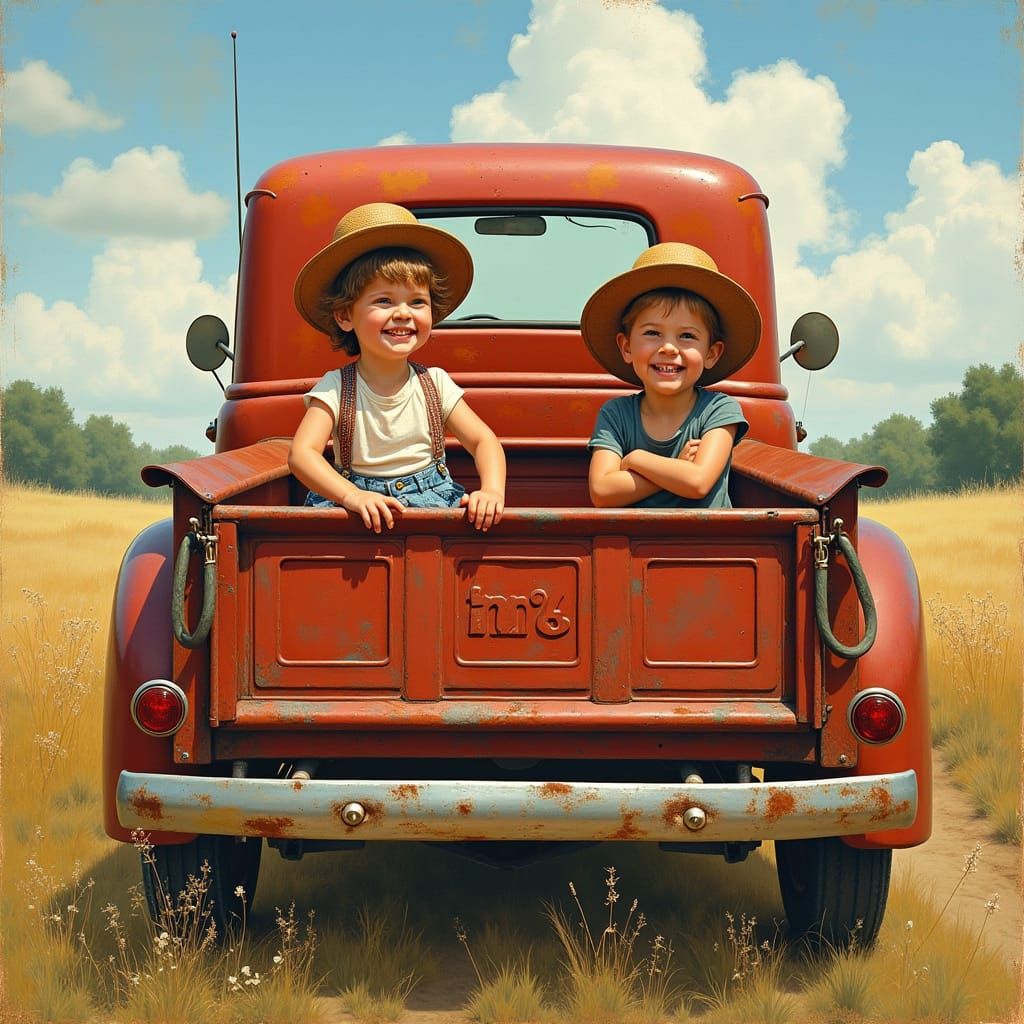 Children in Pickup Truck, Folk-Art Style