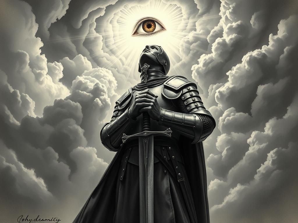 Knight Templar in Prayer Amidst Storm