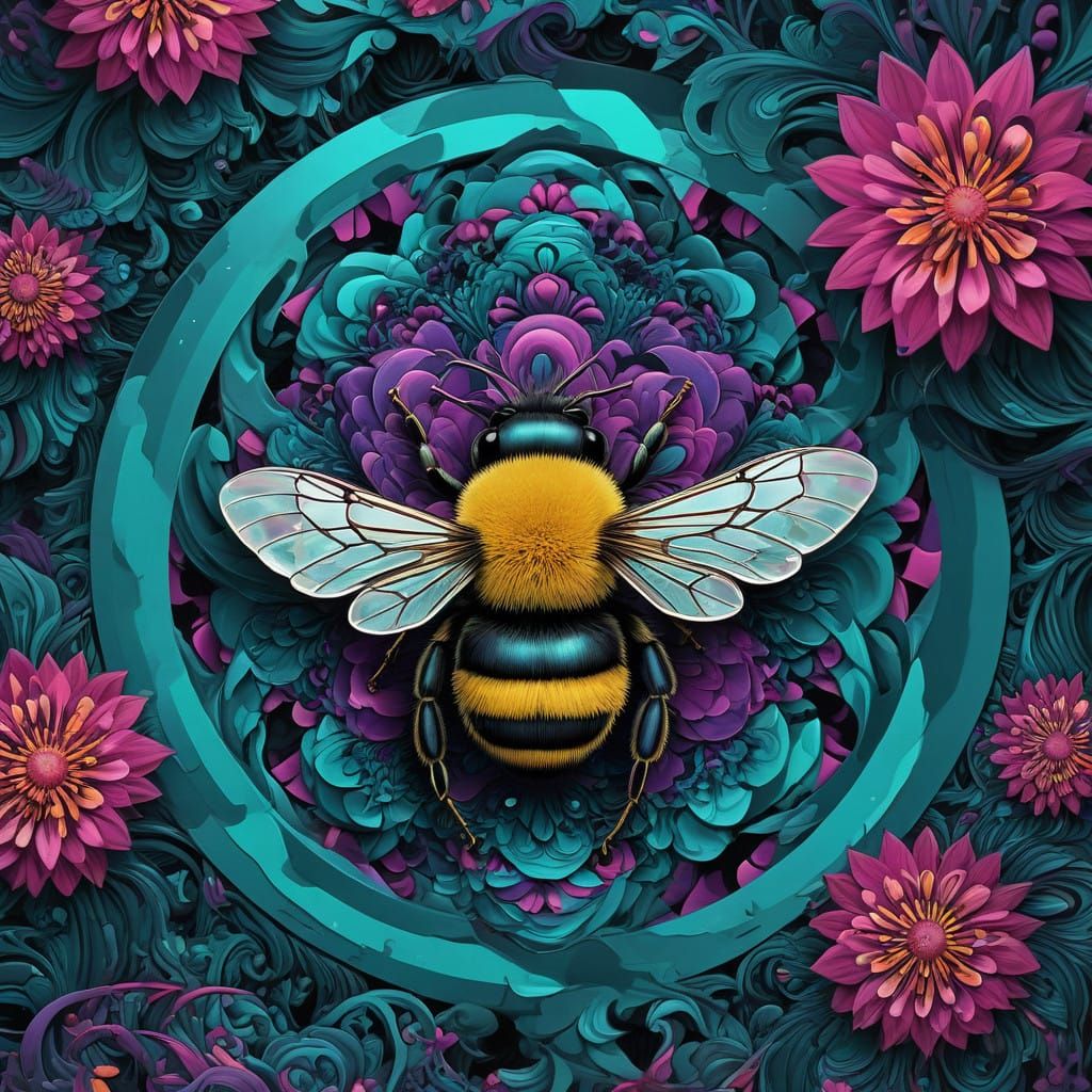 Iridescent Bumblebee Dances in Kaleidoscopic Fractal Garden