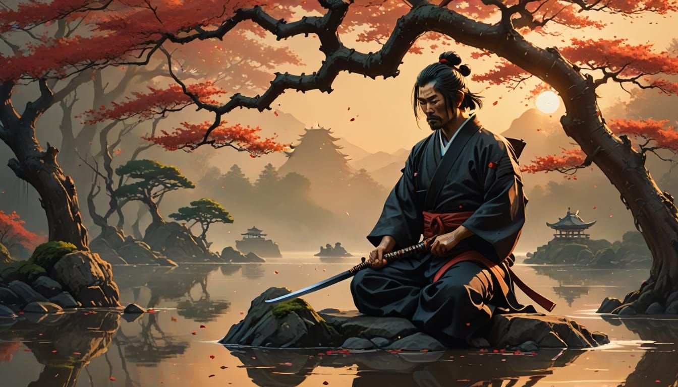 Ronin with Odachi Sword by Bonsai Tree in Oil Painting Style