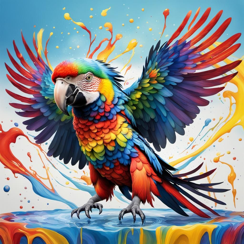Macaw Parrot Rising from Multicolored Paint