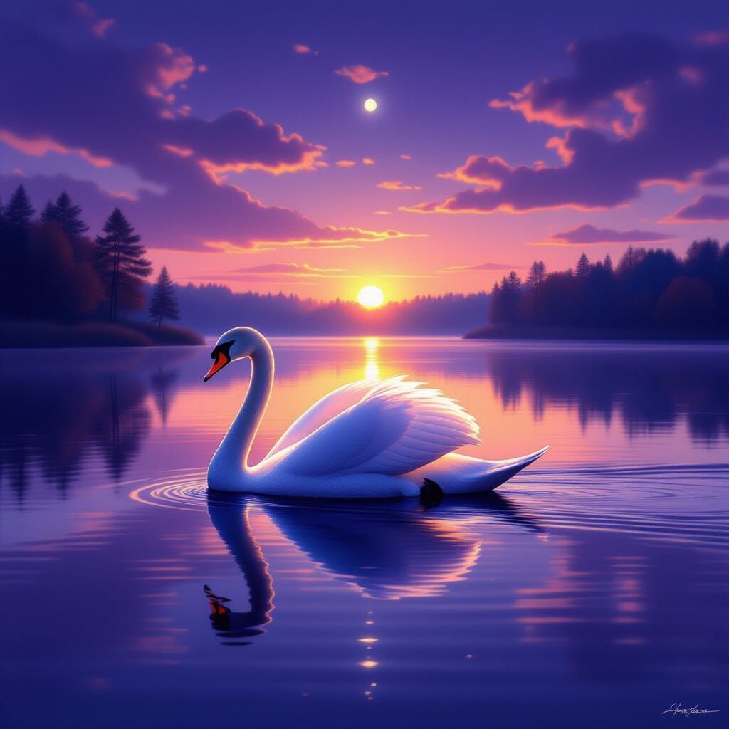 Majestic Swan on Twilight Lake in Autumn