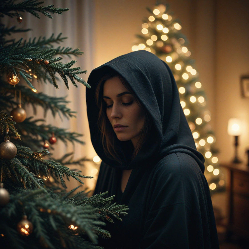 The Grim Reaper Watches Over a Sleeping Woman near a Christm...