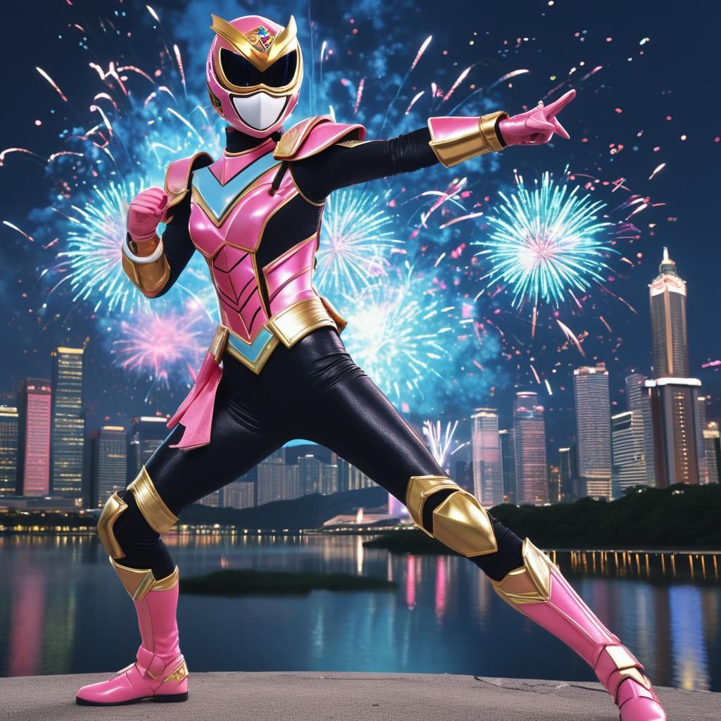 Anime Heroine in Super Sentai Armor with Fireworks