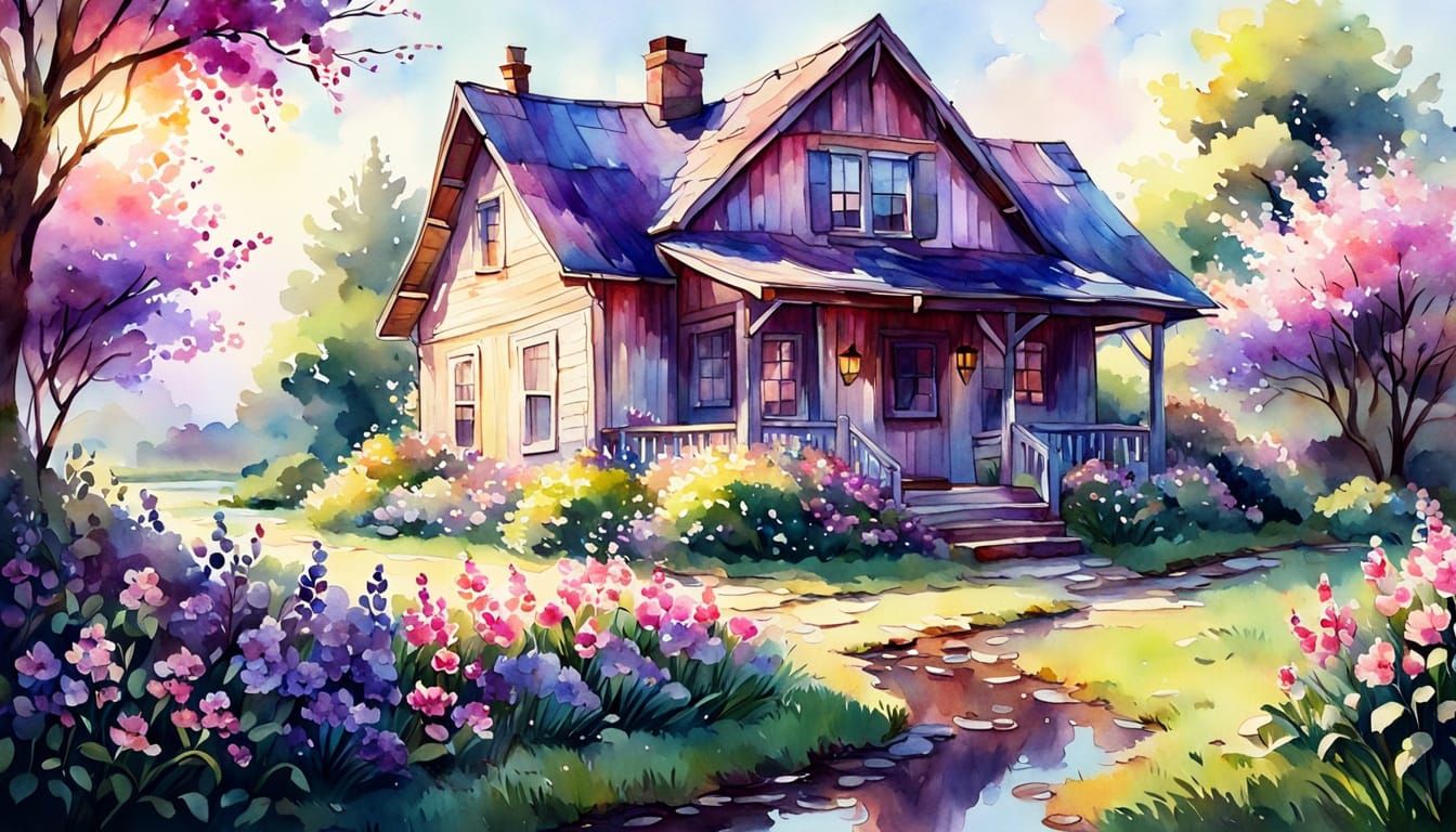 Rustic House with Spring Flowers in Watercolor