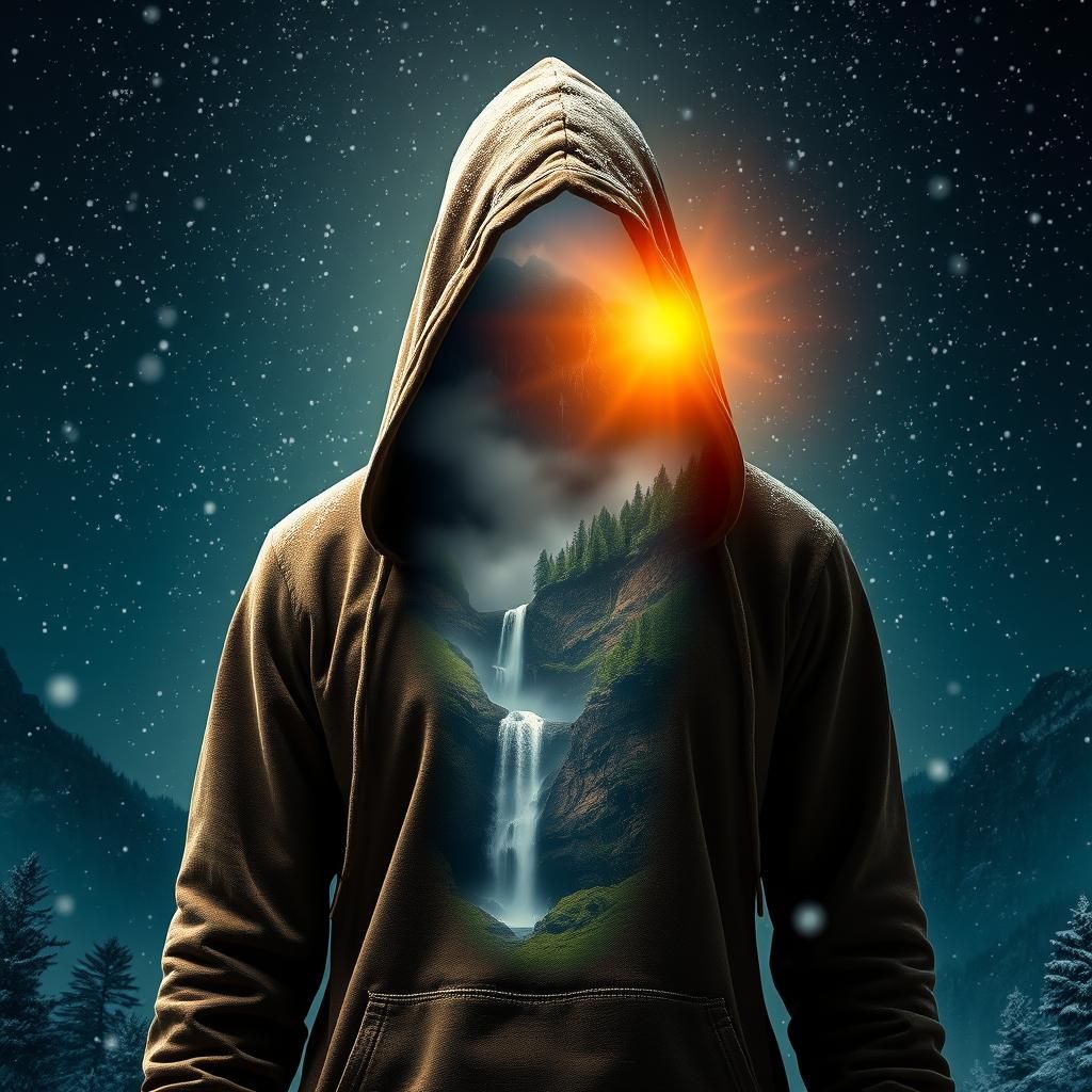 Hooded Figure Reveals Mountain Waterfall Landscape
