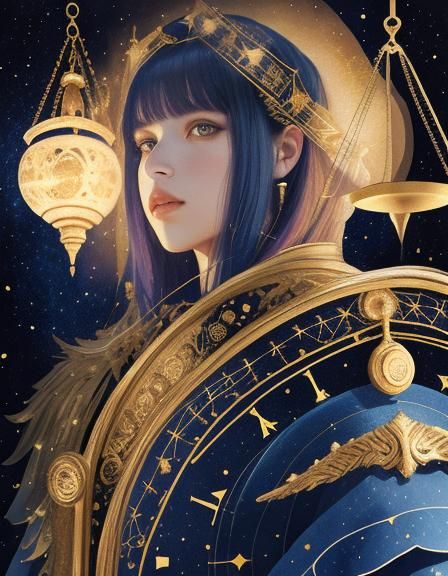 Libra Woman in Double Exposure Line Art