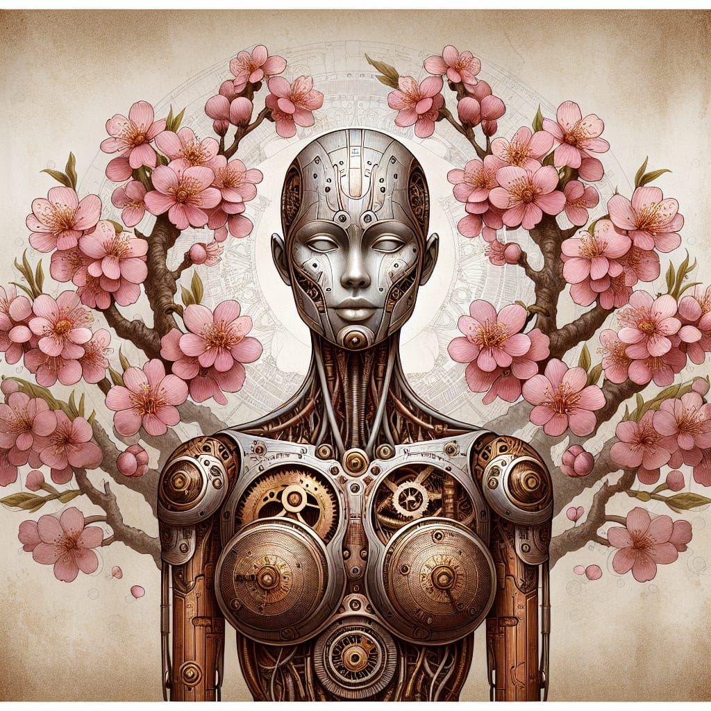 Steampunk Android Blossoms in Cherry Tree Wonderland