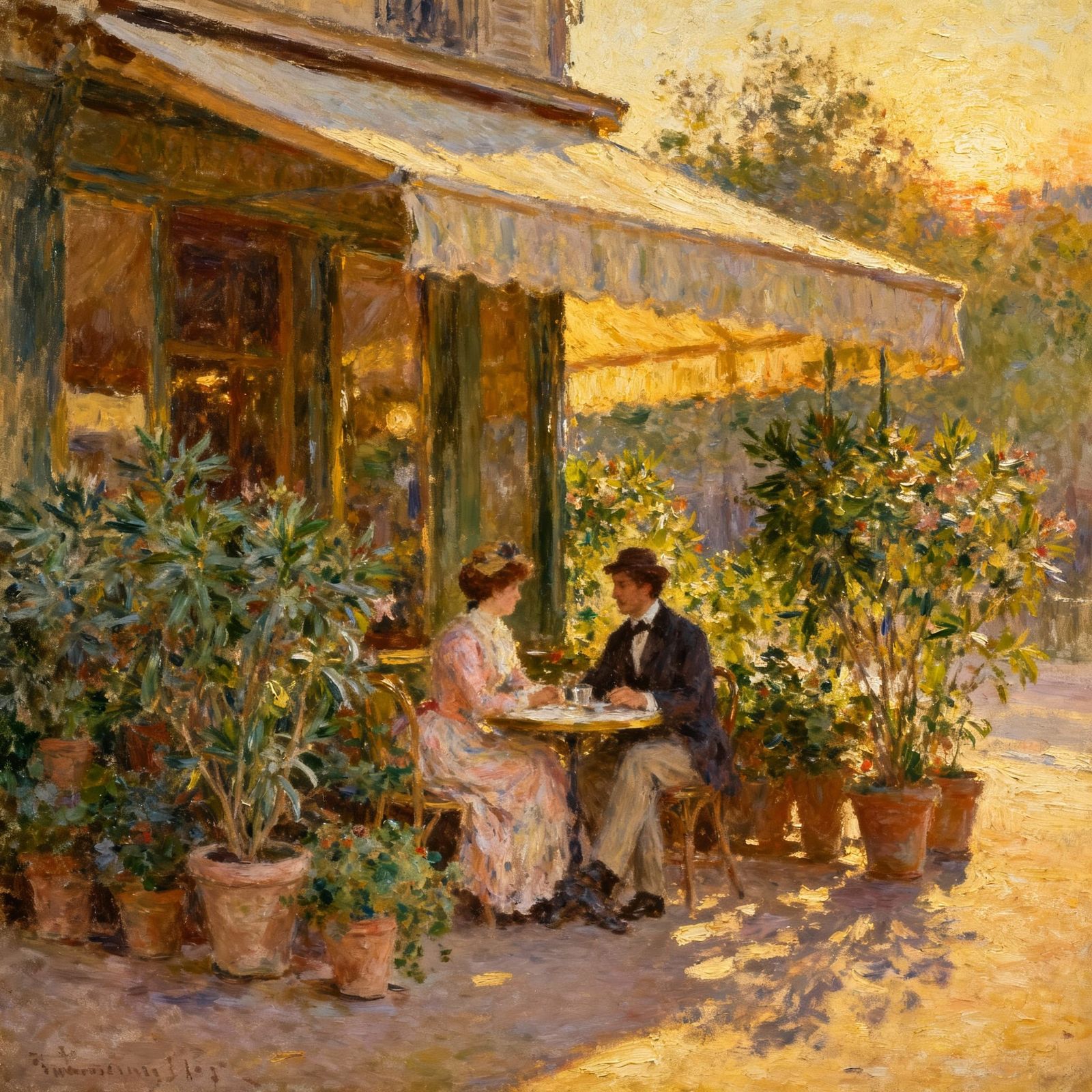 Parisian Cafe Scene in Golden Hour Light
