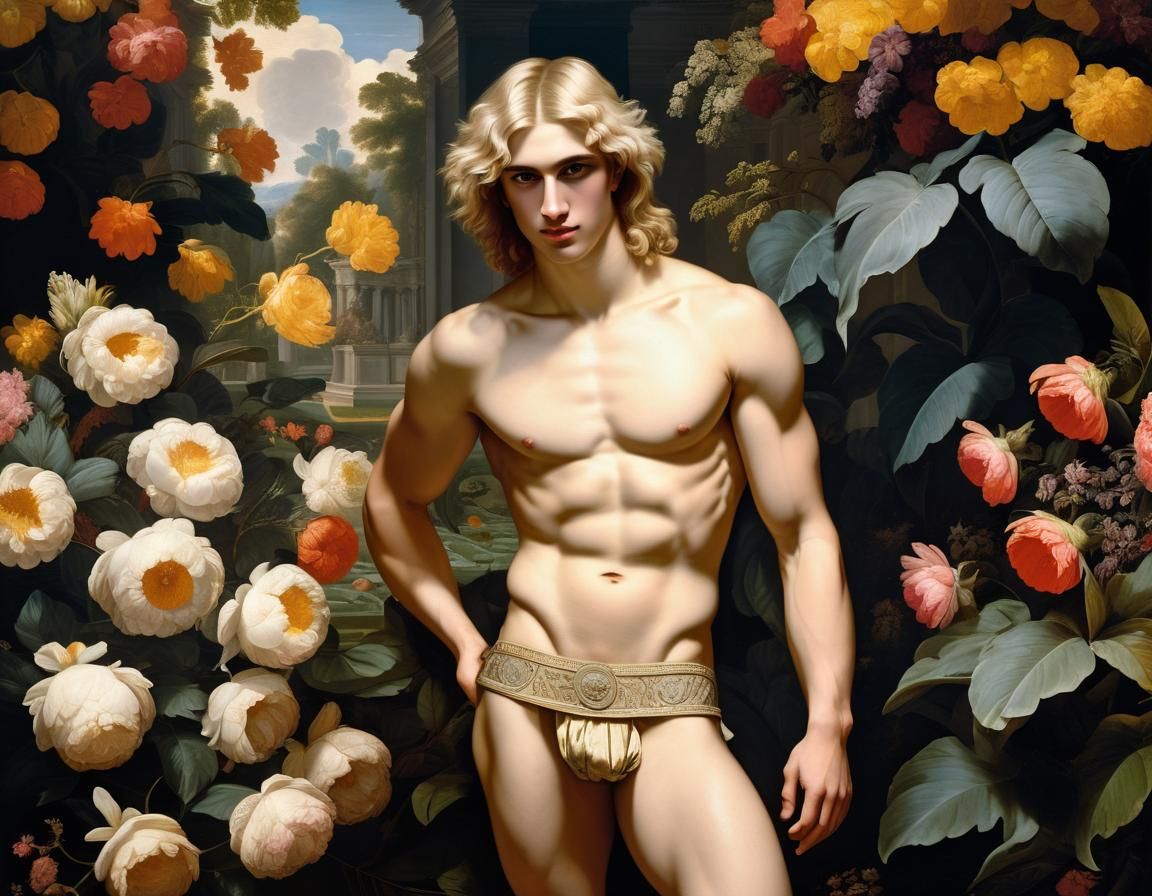 Young Man Posing Nude in Neoclassical Floral Portrait