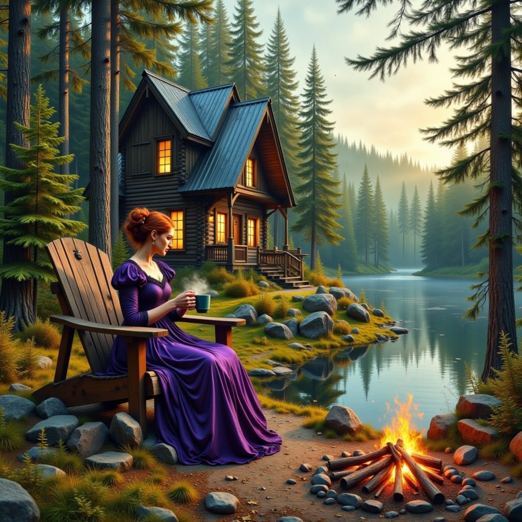 Woman in a Gothic dress costume, sitting by a campfire.
