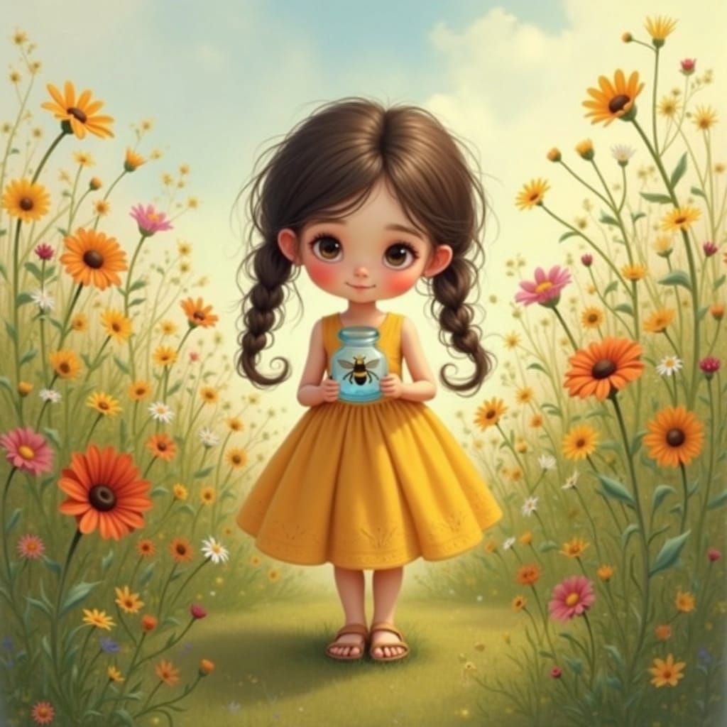 A Whimsical Girl with a Captured Bumblebee in a Sunlit Meado...