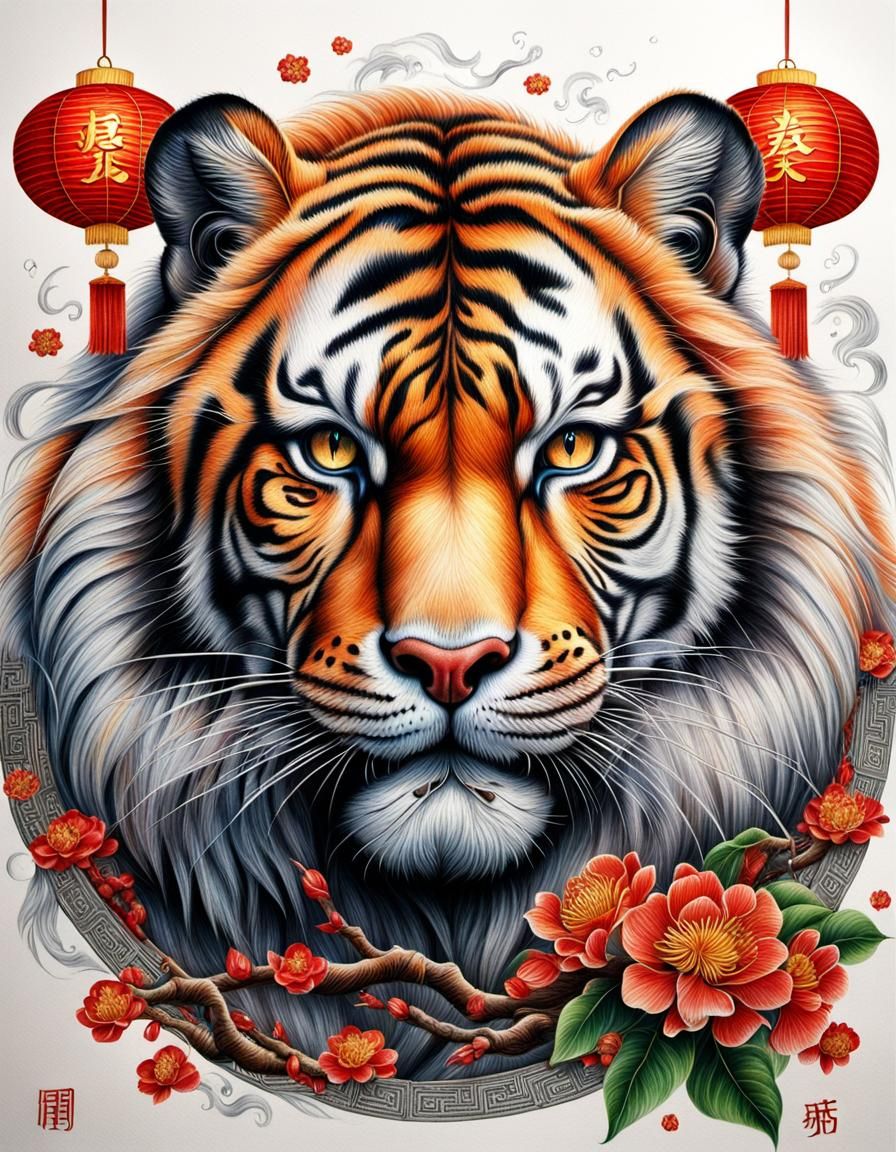 Hyperrealistic Chinese Zodiac Tiger Pencil Drawing