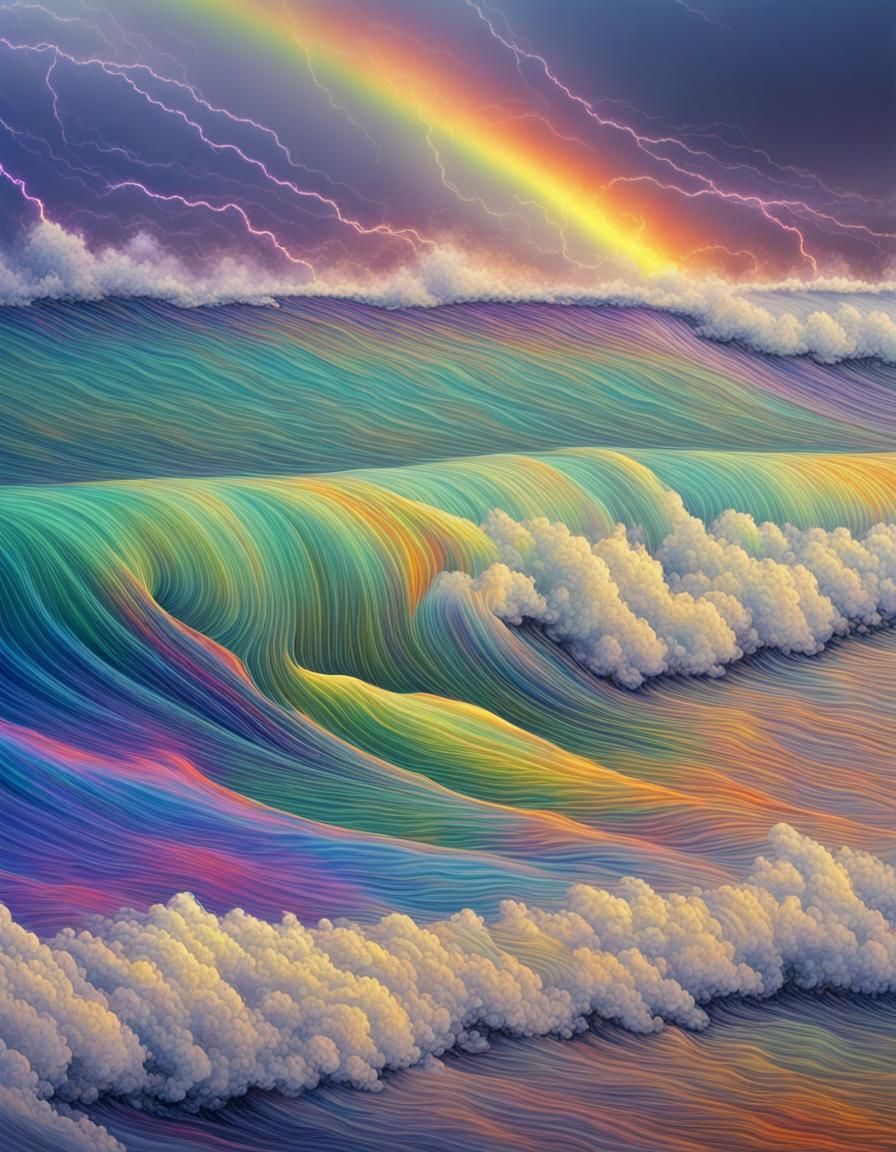 Rainbow Ocean Waves and Lightning Storm