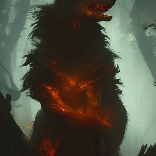 Fiery Dark Wolf in Hyperdetailed Fantasy Art