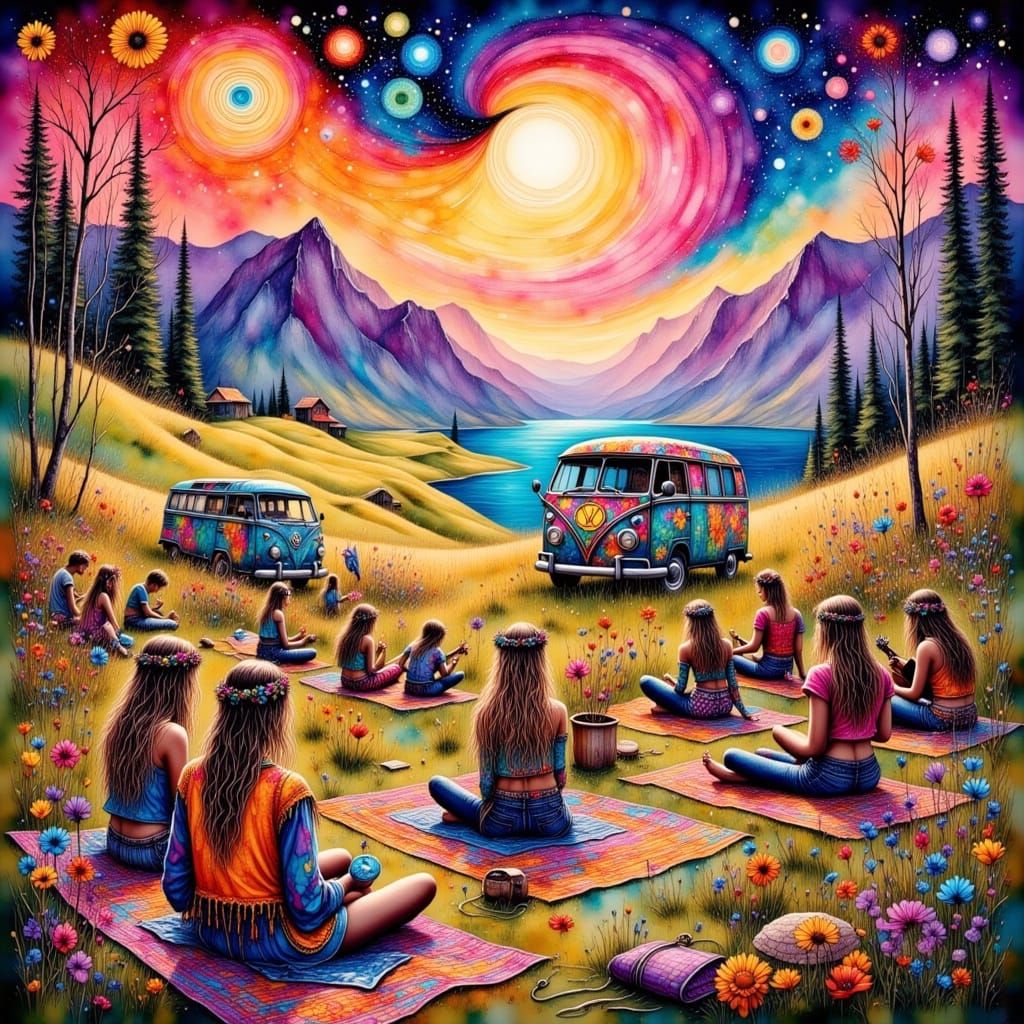 Vibrant Gathering in a Psychedelic Meadow