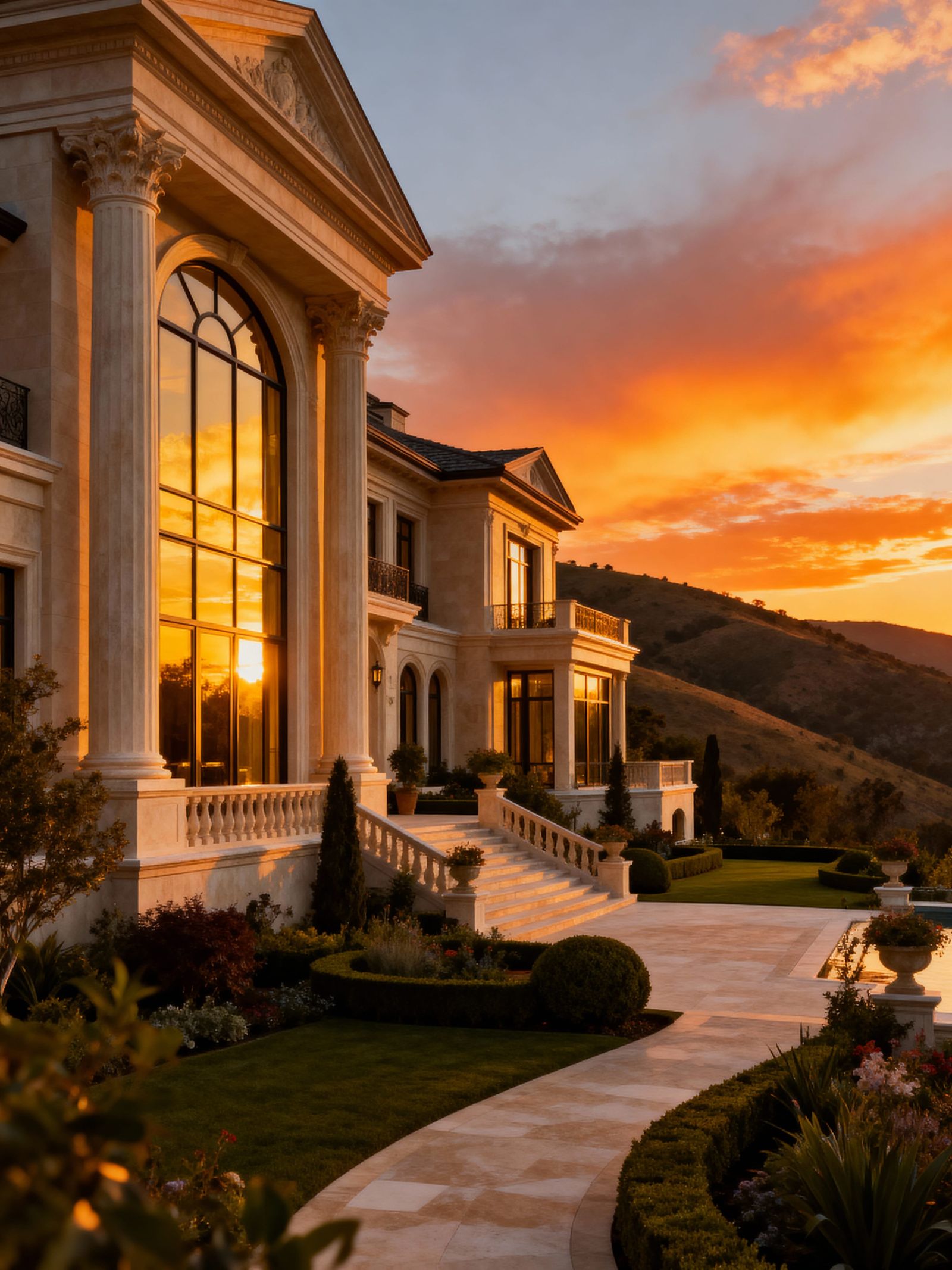 Opulent Mansion at Sunset in Hyperrealistic Style