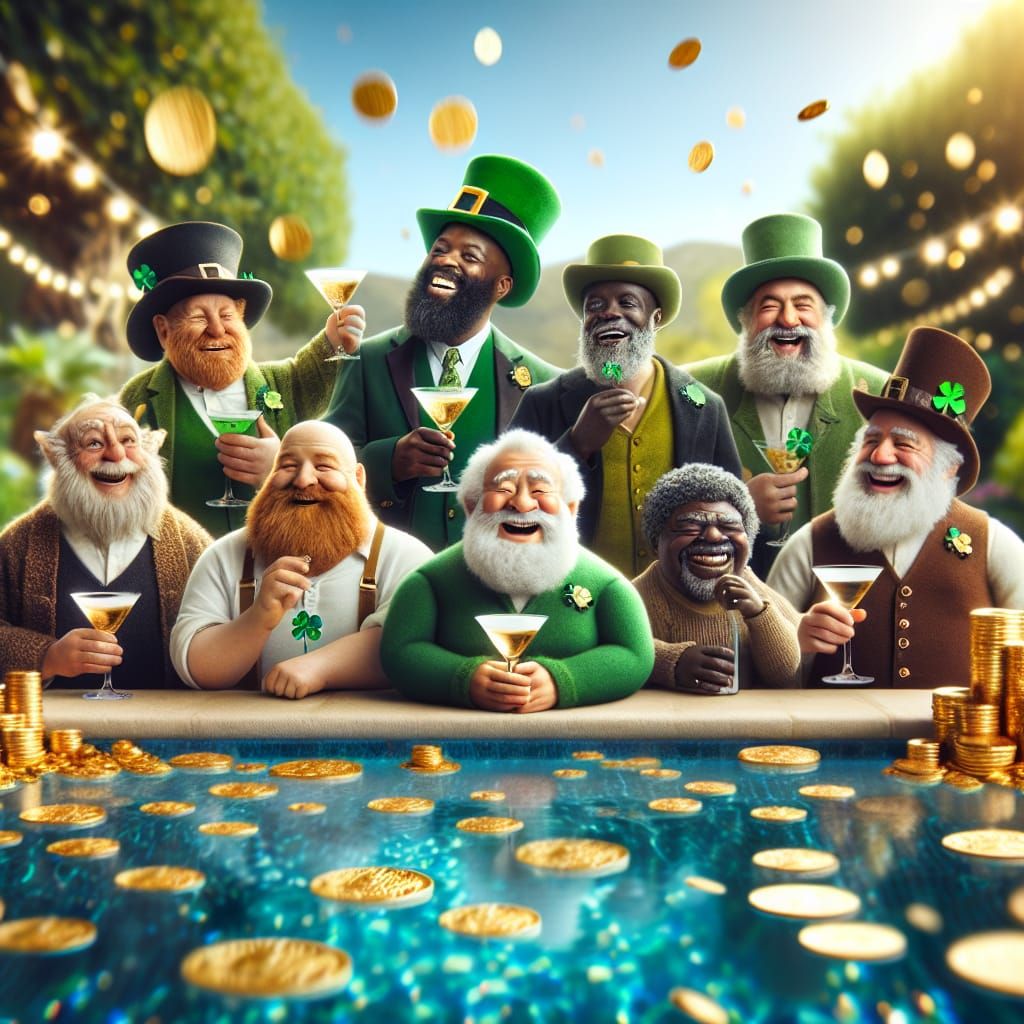Happy Chubby Hairy Leprechauns Sipping Martinis by a Pool filled with Gold Coins