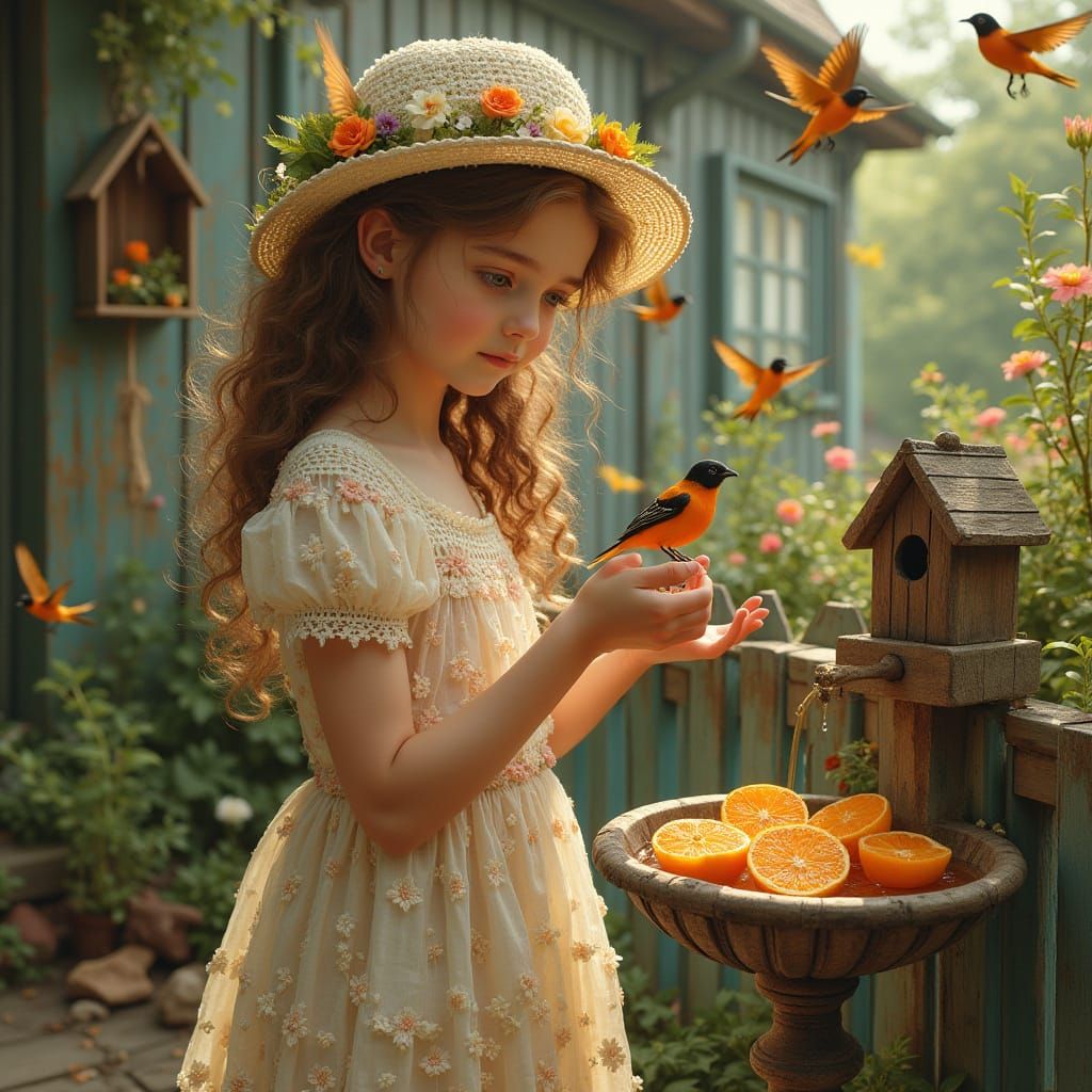 Young Girl with Oriole Surrounded by Vibrant Flowers in Sere...