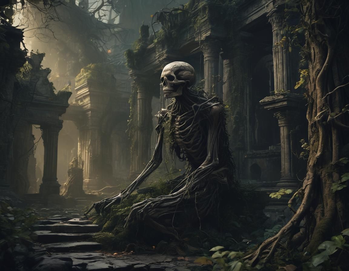 Macabre Creature in Ancient Temple: Dark Fantasy Art