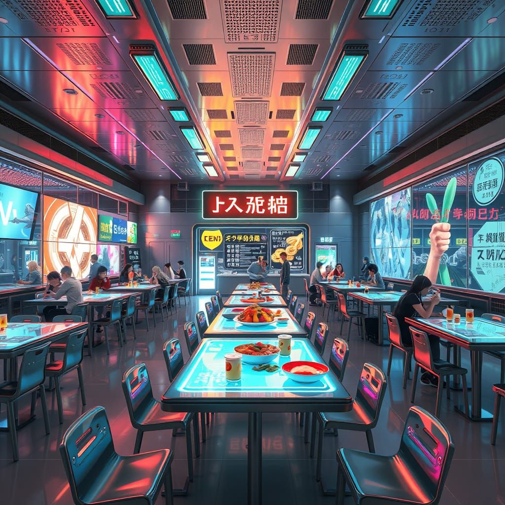 Sleek Futuristic School Cafeteria with Vibrant Holographic D...