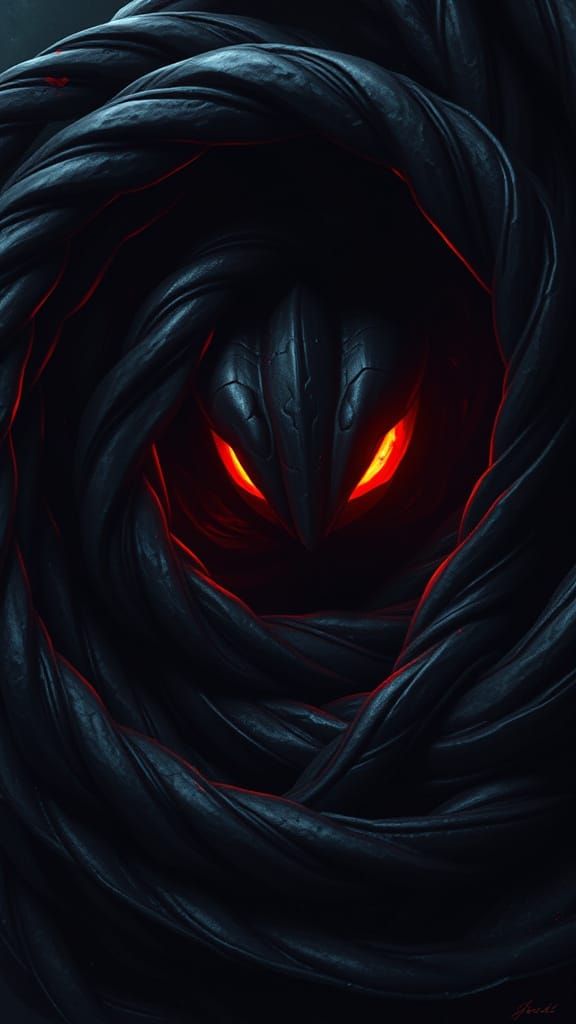 Ominous Surreal Scene with Twisted Coils and Glowing Eyes