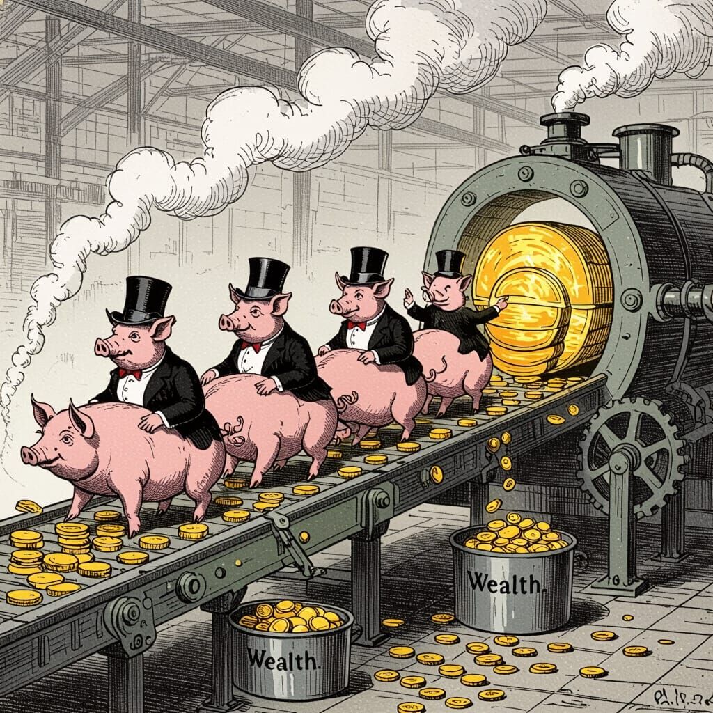 Satirical Engraving of Pigs on Assembly Line to Gold