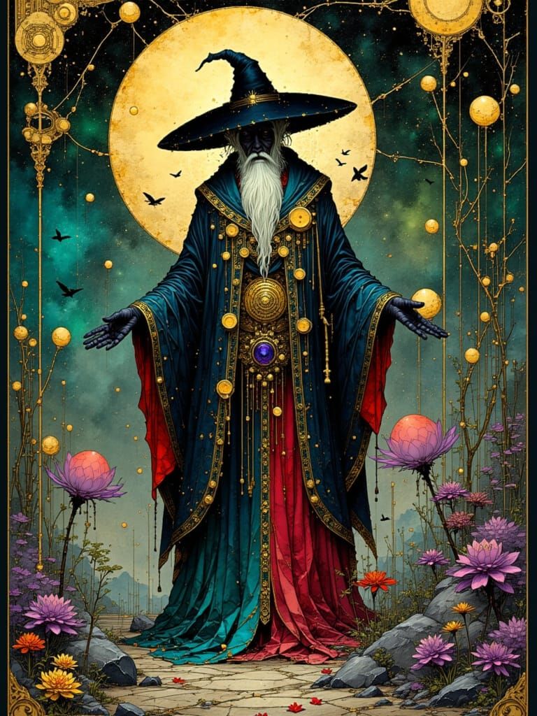 Mystical Figure in Ornate Robes, Art Nouveau Style