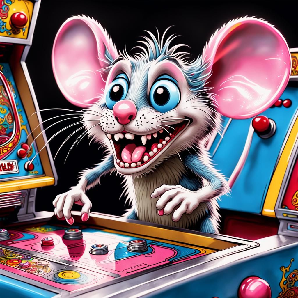 Cartoon Rat Playing Pinball in Detailed Style