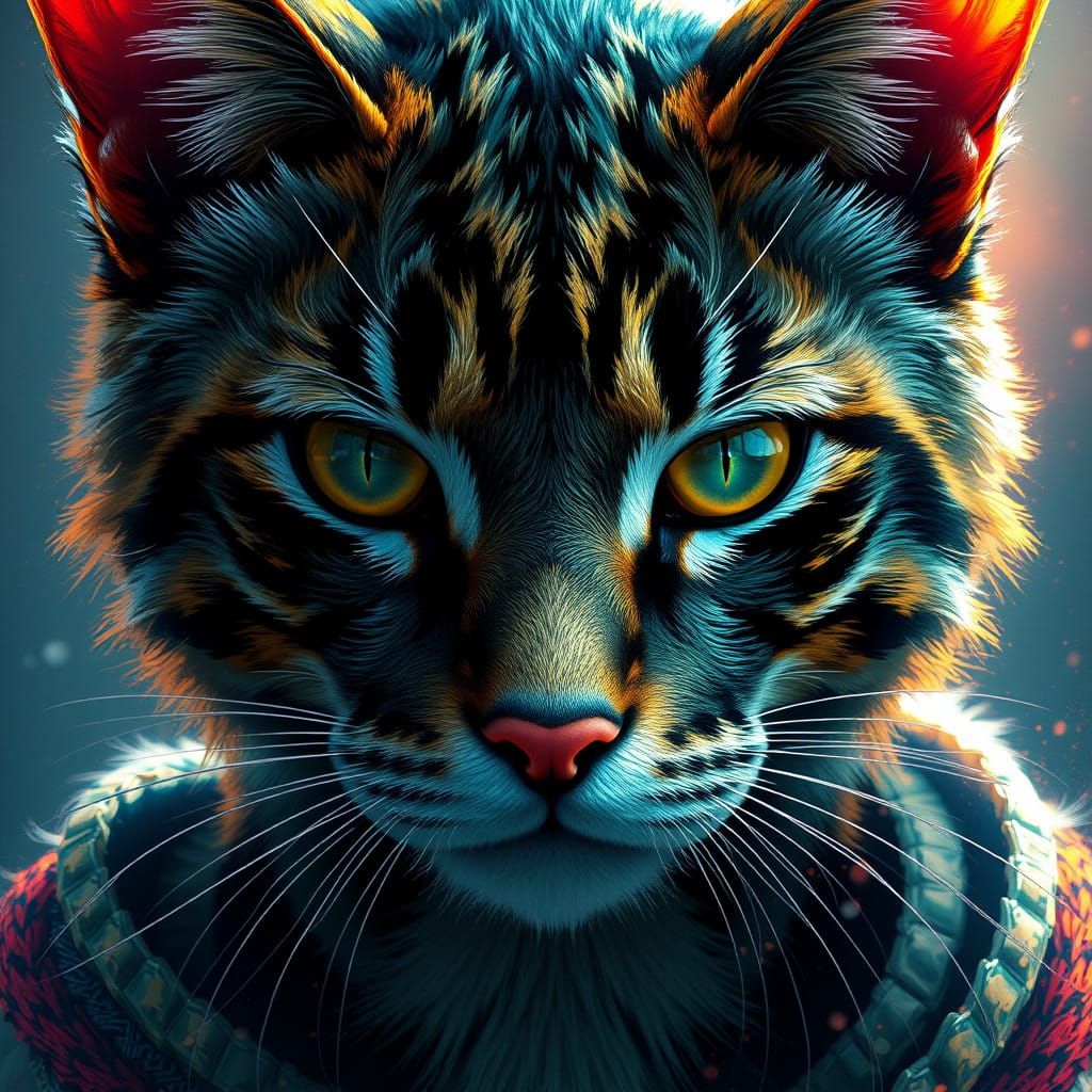 Ethereal Feline Portrait in Vibrant Triadic Colors