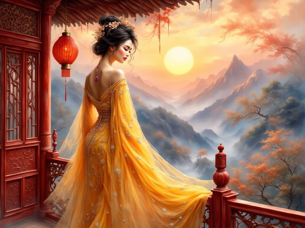 Chinese Concubine in Antique Watercolor Style