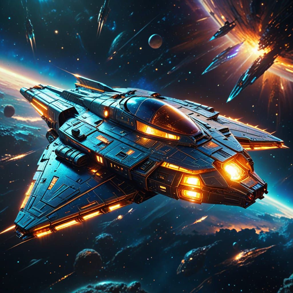 Retrofuturistic Starship Soaring Through Space in Oil Painti...