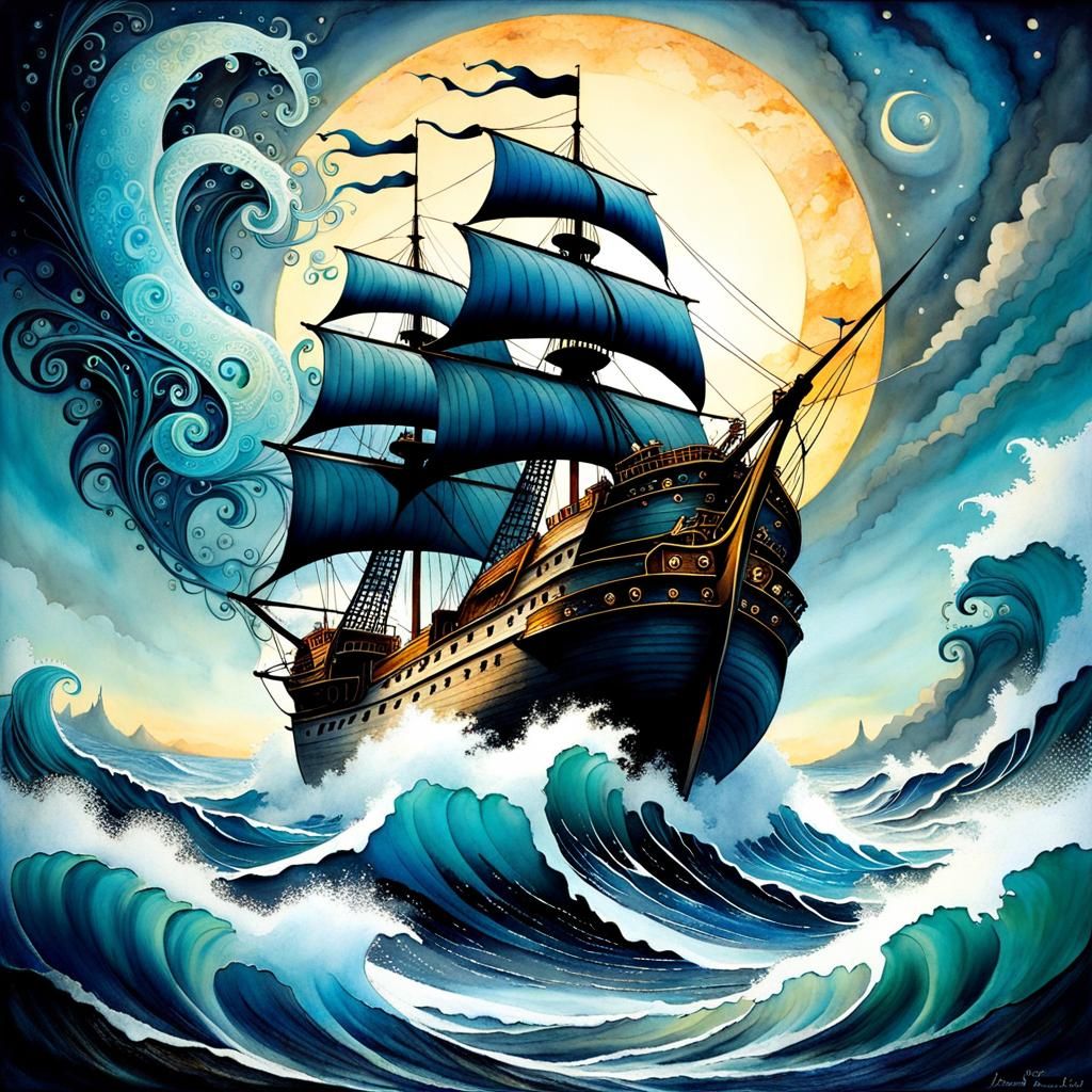 Epic Watercolor Ship at Sea with Intricate Details