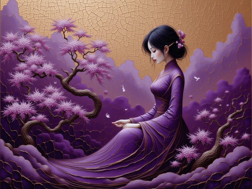 Elegant Purple Cat in Vietnamese Lacquer Art Style