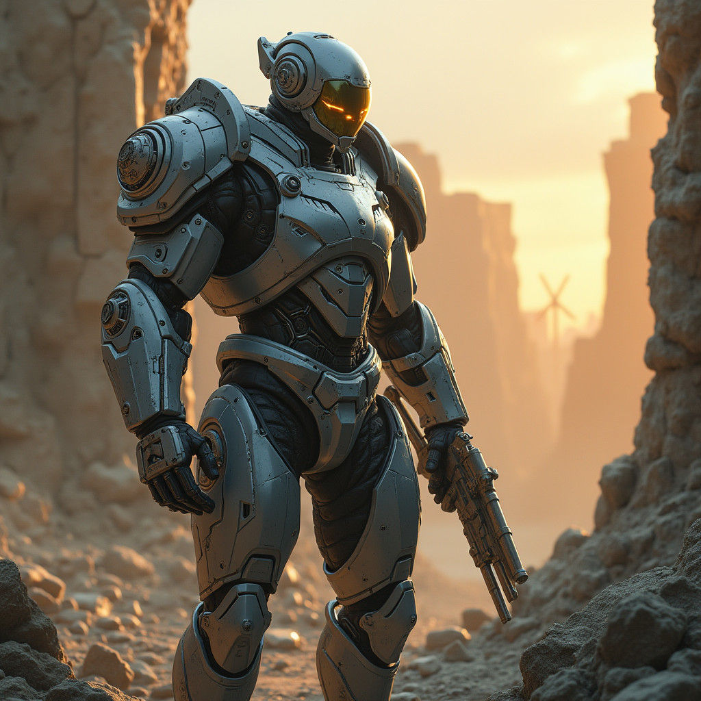 Cyberpunk Hero in Metallic Suit Amidst Ancient Ruins