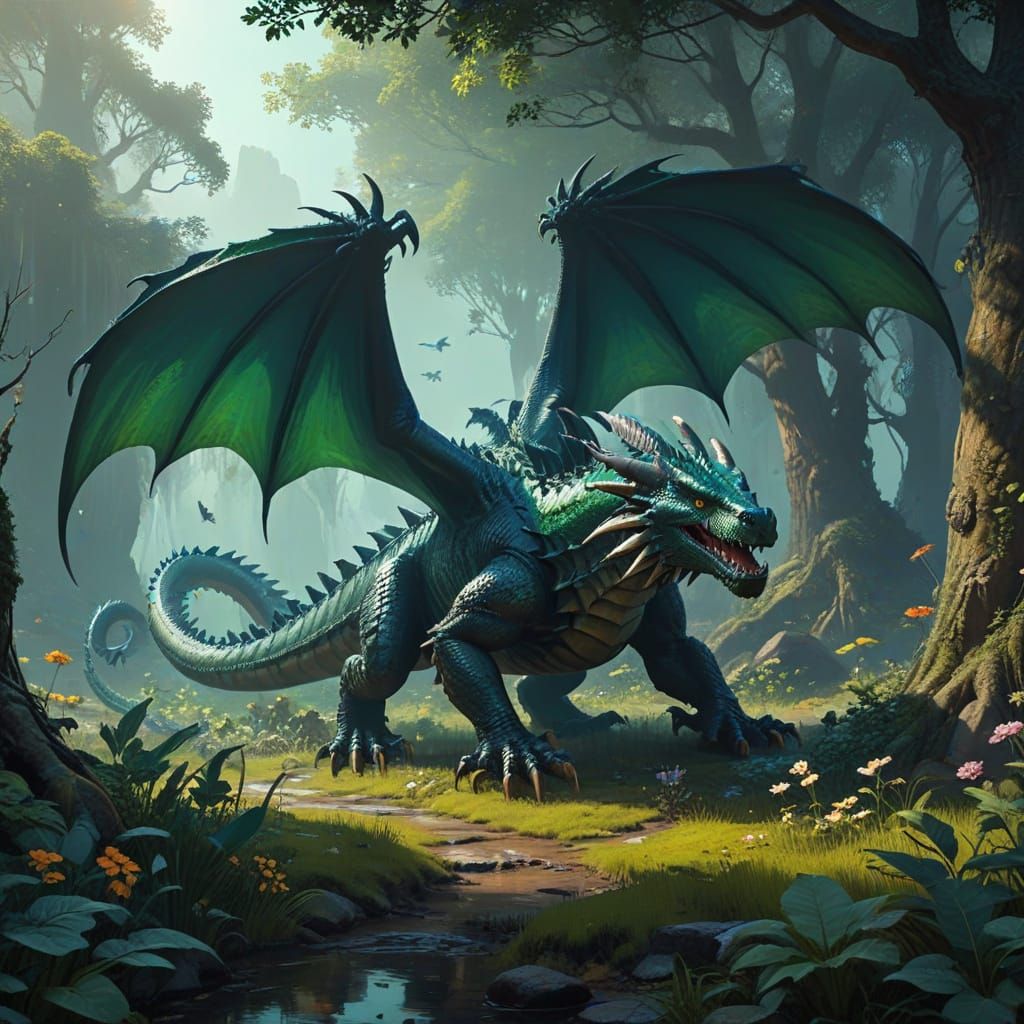 Majestic Dragons Guard Precious Brood and Human Infant in Vi...