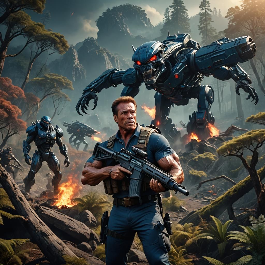 Arnold Schwarzenegger vs Predators on Alien Planet