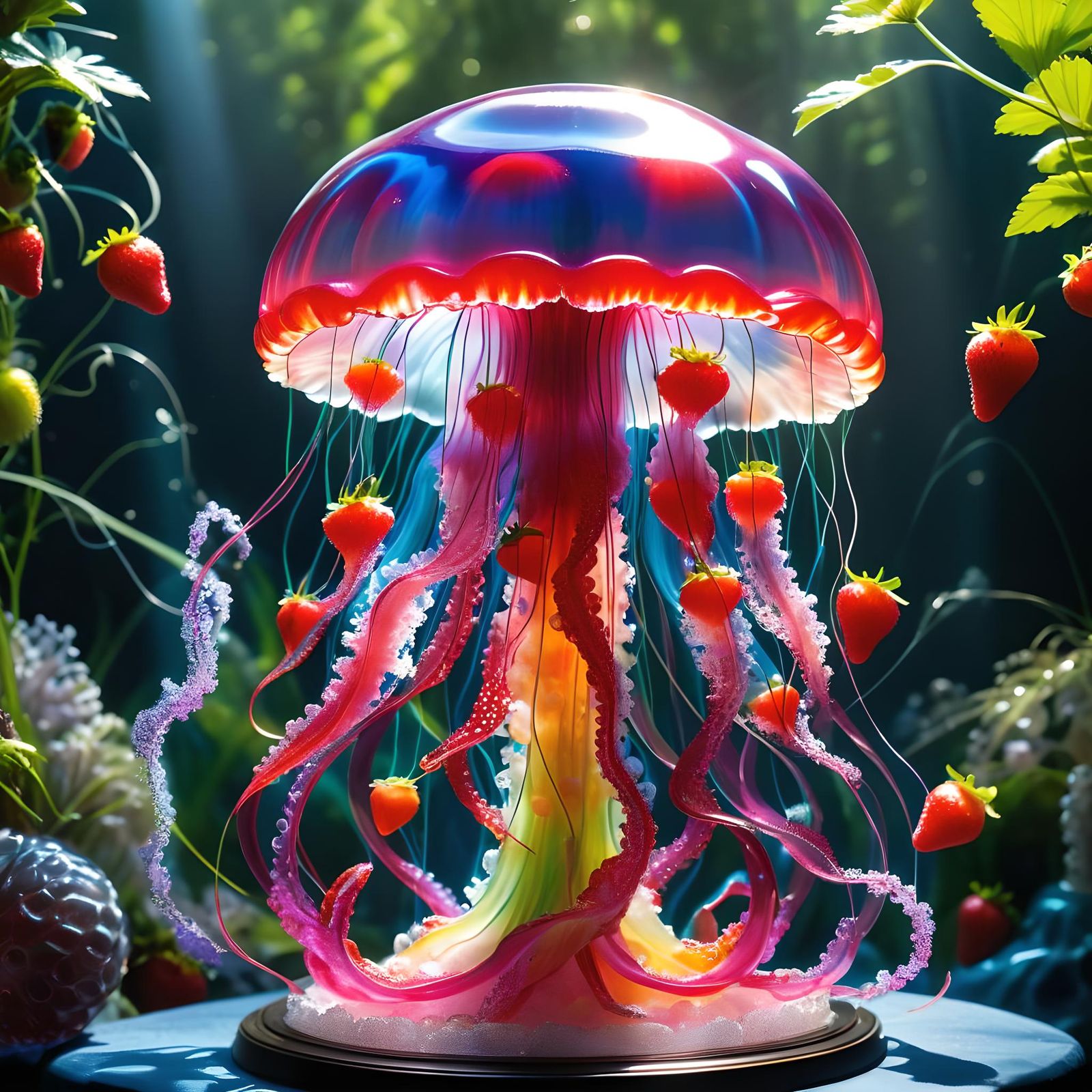 Strawberry Jellyfish Sculpture in Glass Jar