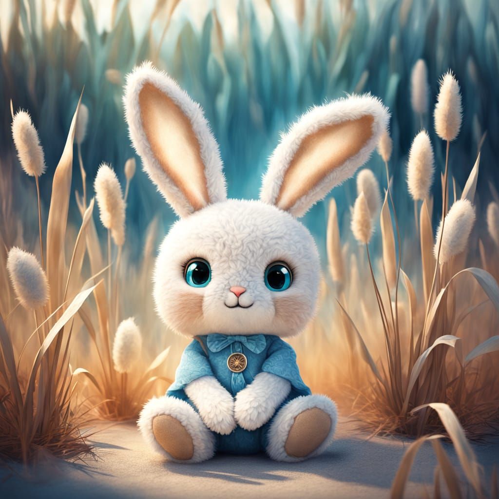 Whimsical Stuffed Bunny in Serene Pastel Landscape