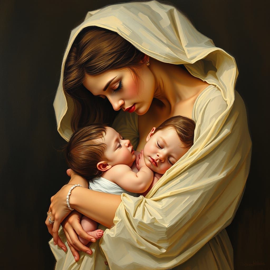 Mother and Infant in Tender Embrace, Soft Brushstrokes and G...