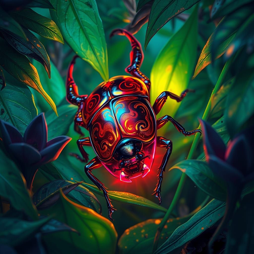 Bioluminescent Beetle Crawling Through Alien Jungle