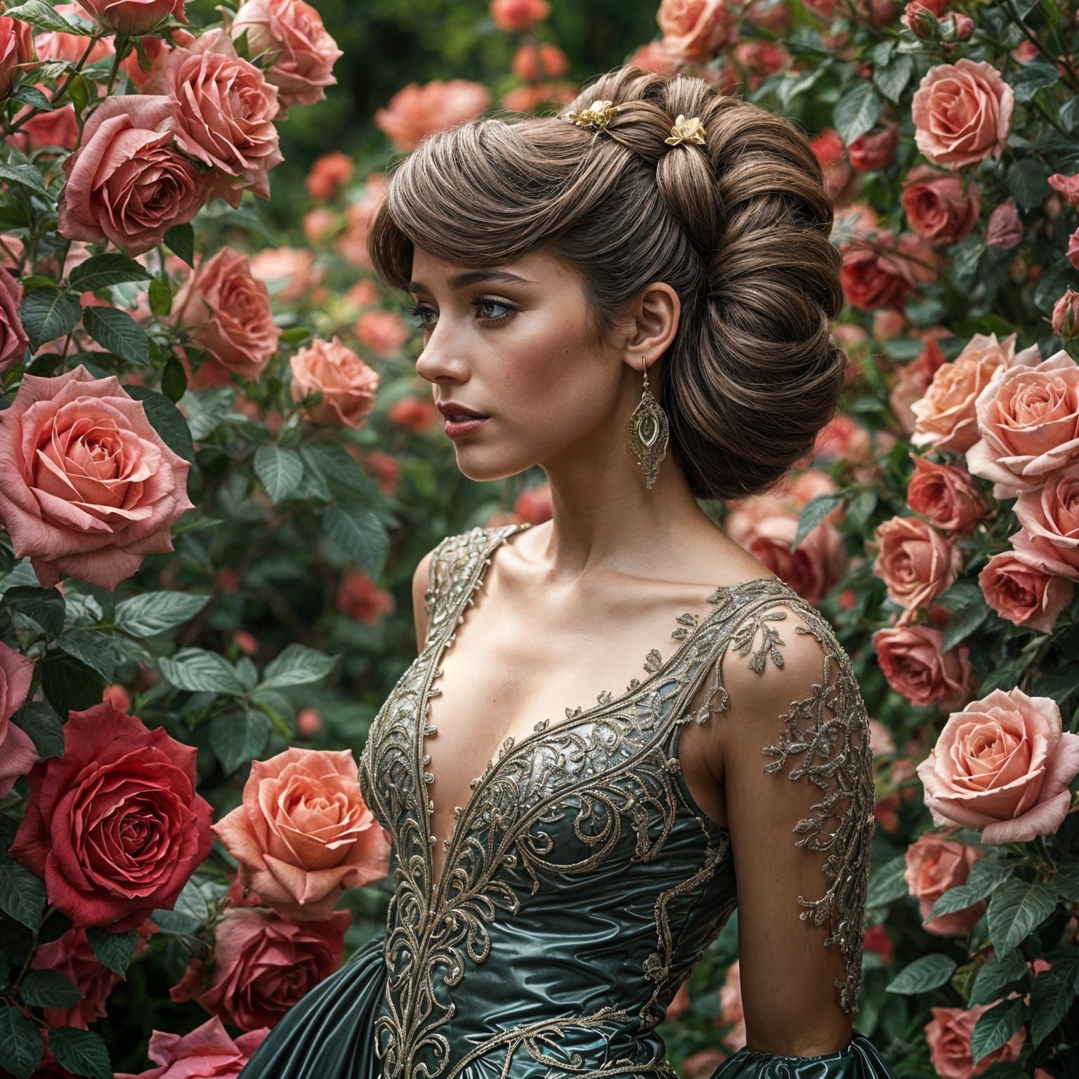 Hyperrealistic Woman in Latex Gown in Rose Garden