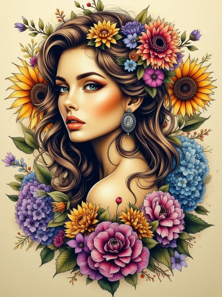 Ornamental Black Ink Tattoo Design: Pin-Up Woman with Flower...