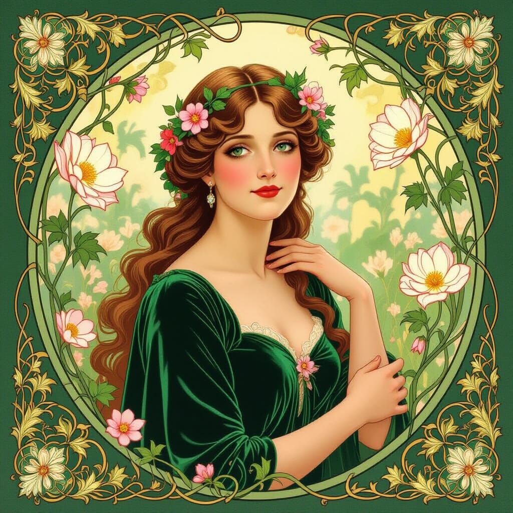 Art Nouveau Lady in Emerald Gown Surrounded by Enchanted Blo...