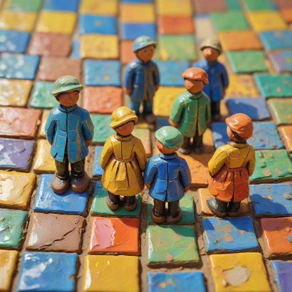 Miniature Clay Figures Play in Neo-Impressionist Oil Paintin...