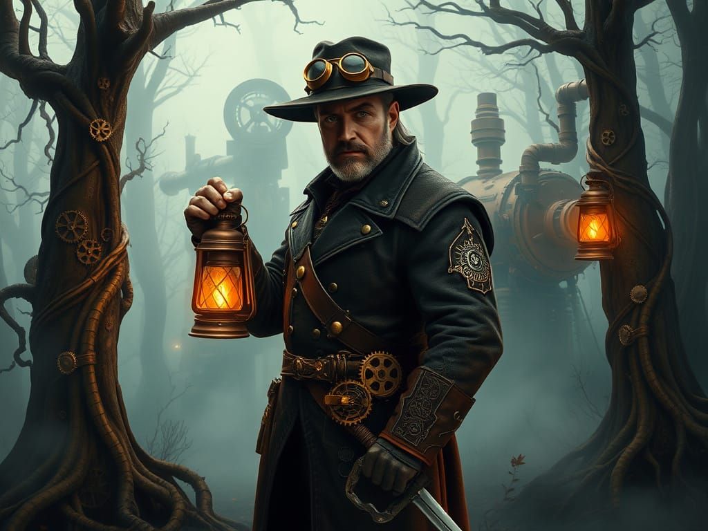 A digital illustration of a Witcher in steampunk style, standing in a bronze-toned forest. He wears a dark bronze coat w...