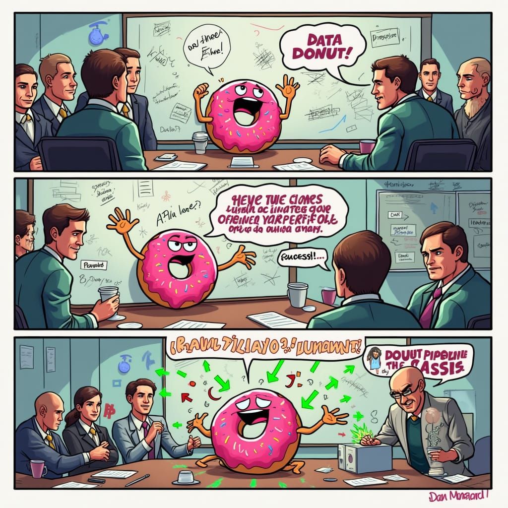 Vibrant Cartoon Comic Strip Featuring Cheerful Donut Mascot