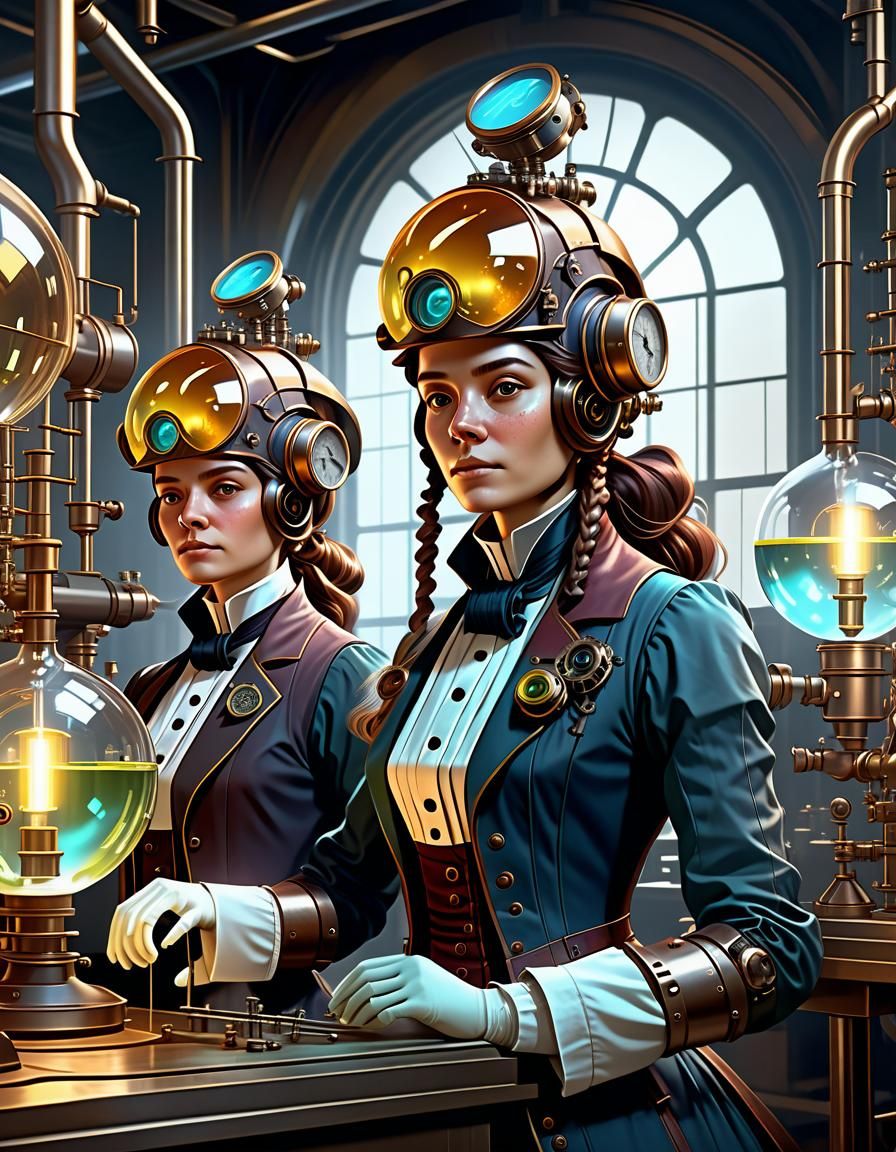 Steampunk Scientists Experimenting in Dark Academia Laborato...